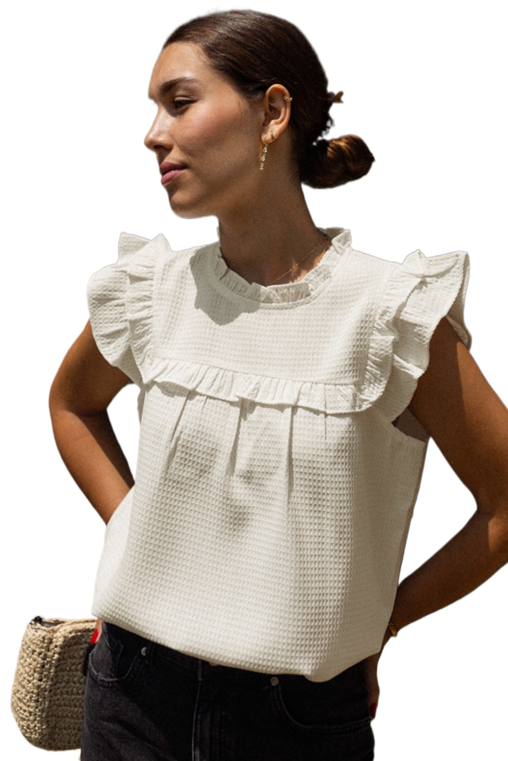 Women's White Solid Color Ruffle Trim Waffle Knit Blouse - Cozy & Sophisticated - Main View Women's White Solid Color Ruffle Trim Waffle Knit Blouse - Cozy & Sophisticated - Main View