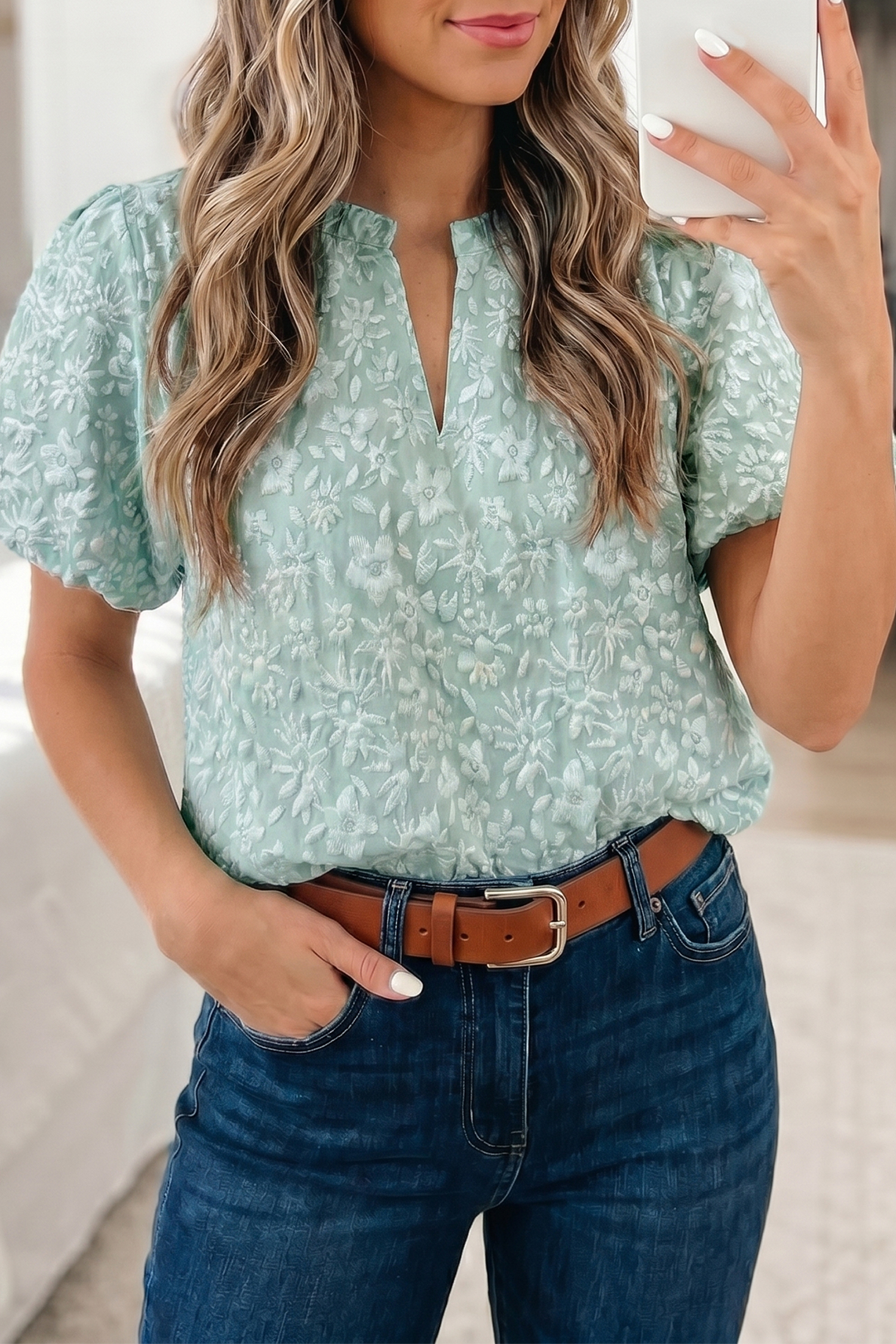 Western Style Floral Puff Sleeve Blouse for Women - Short Sleeve Textured Summer Vacation Top - Detail View 2 Western Style Floral Puff Sleeve Blouse for Women - Short Sleeve Textured Summer Vacation Top - Detail View 2