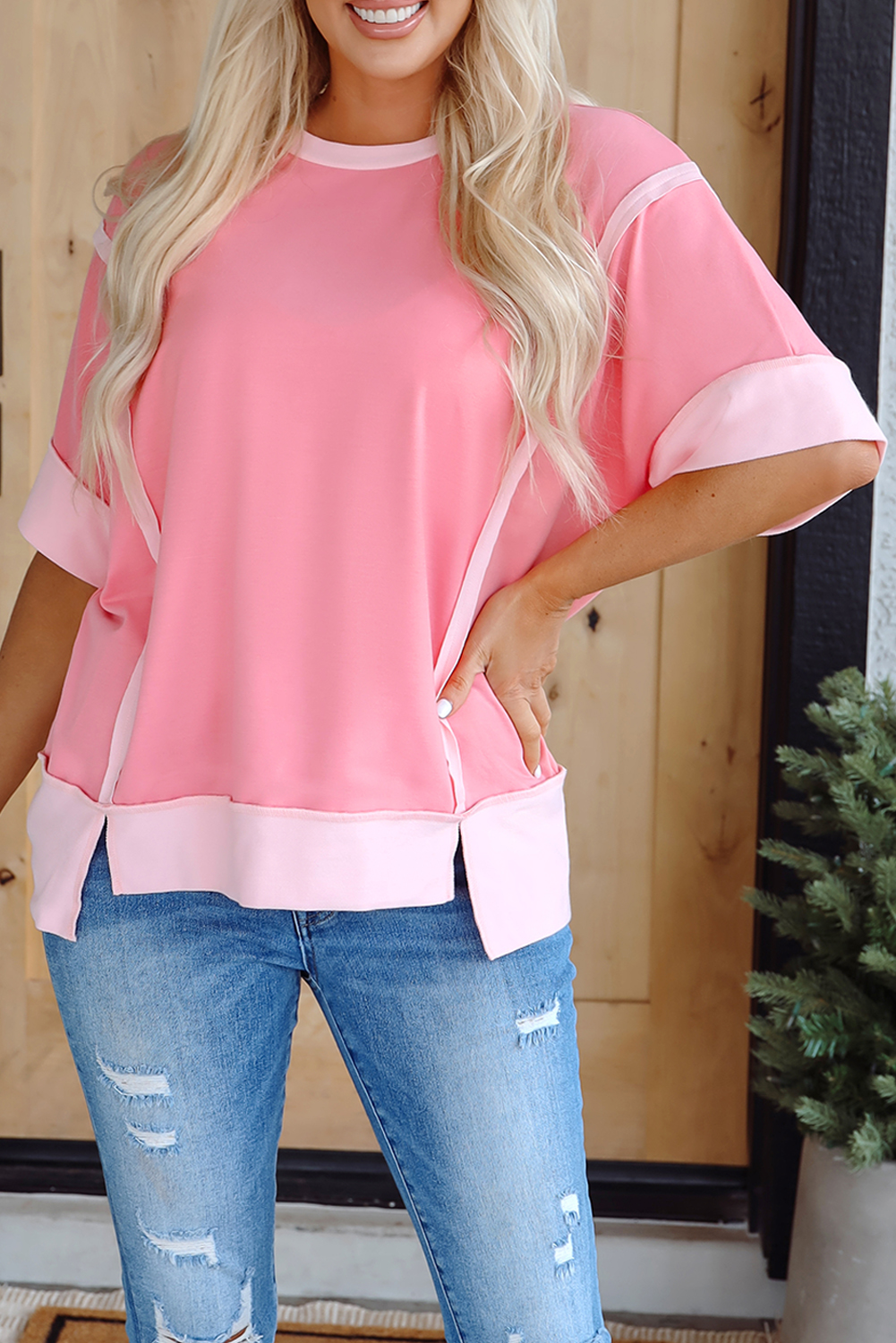 Women's Peach Blossom Half Sleeve Top with Raw Seam and High Low Side Split - Detail View 9 Women's Peach Blossom Half Sleeve Top with Raw Seam and High Low Side Split - Detail View 9