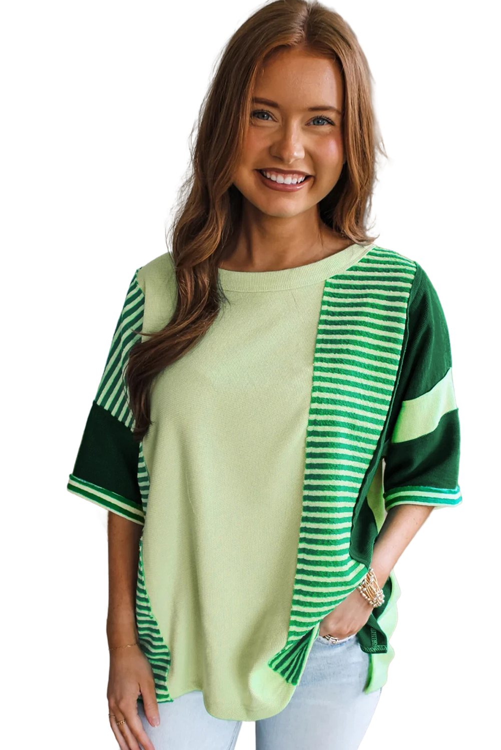 Women's Knit Top, Mint Green, Patchwork, Colorblock, 3/4 Sleeve, Casual Style, Daily Wear, Vibrant Colors, Trendy Fashion, Comfortable Fit, Half Sleeve, Round Neck, Waffle Knit, Stylish Top - Detail View 12 Women's Knit Top, Mint Green, Patchwork, Colorblock, 3/4 Sleeve, Casual Style, Daily Wear, Vibrant Colors, Trendy Fashion, Comfortable Fit, Half Sleeve, Round Neck, Waffle Knit, Stylish Top - Detail View 12