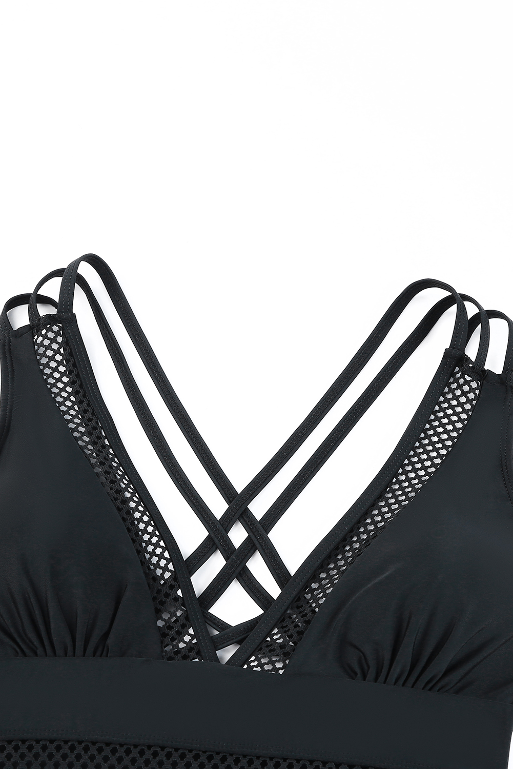 Women's Black Solid Mesh One Piece Swimsuit - Sexy V Neck Design - Detail View 9 Women's Black Solid Mesh One Piece Swimsuit - Sexy V Neck Design - Detail View 9