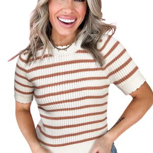 Women's Khaki Stripe Scalloped Round Neck Short Sleeve Sweater - Trendy Summer Knit - Main View