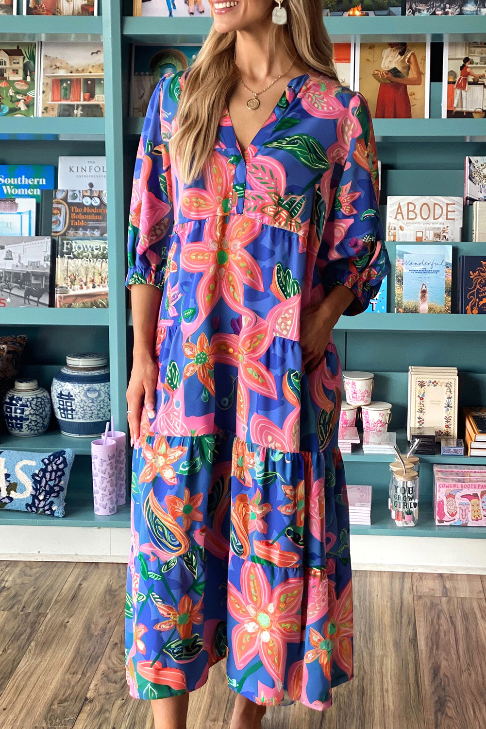 Chic and Elegant Blue Floral Tiered Dress with 3/4 Sleeves and V Neck - Detail View 2 Chic and Elegant Blue Floral Tiered Dress with 3/4 Sleeves and V Neck - Detail View 2