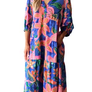 Women's Blue Floral Print 3/4 Sleeve V Neck Tiered Long Dress - Casual Southern Belle Style - Main View