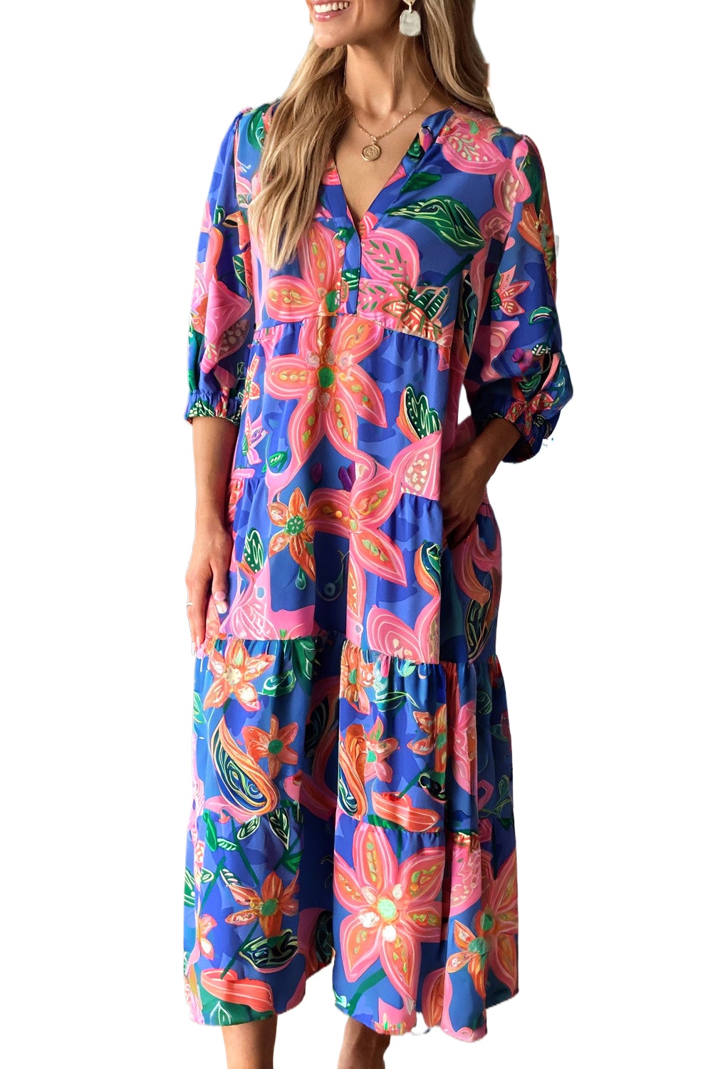 Women's Blue Floral Print 3/4 Sleeve V Neck Tiered Long Dress - Casual Southern Belle Style - Main View Women's Blue Floral Print 3/4 Sleeve V Neck Tiered Long Dress - Casual Southern Belle Style - Main View