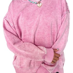 Women's Bright Pink Mineral Wash Crew Neck Sweatshirt – Casual Daily Wear - Main View