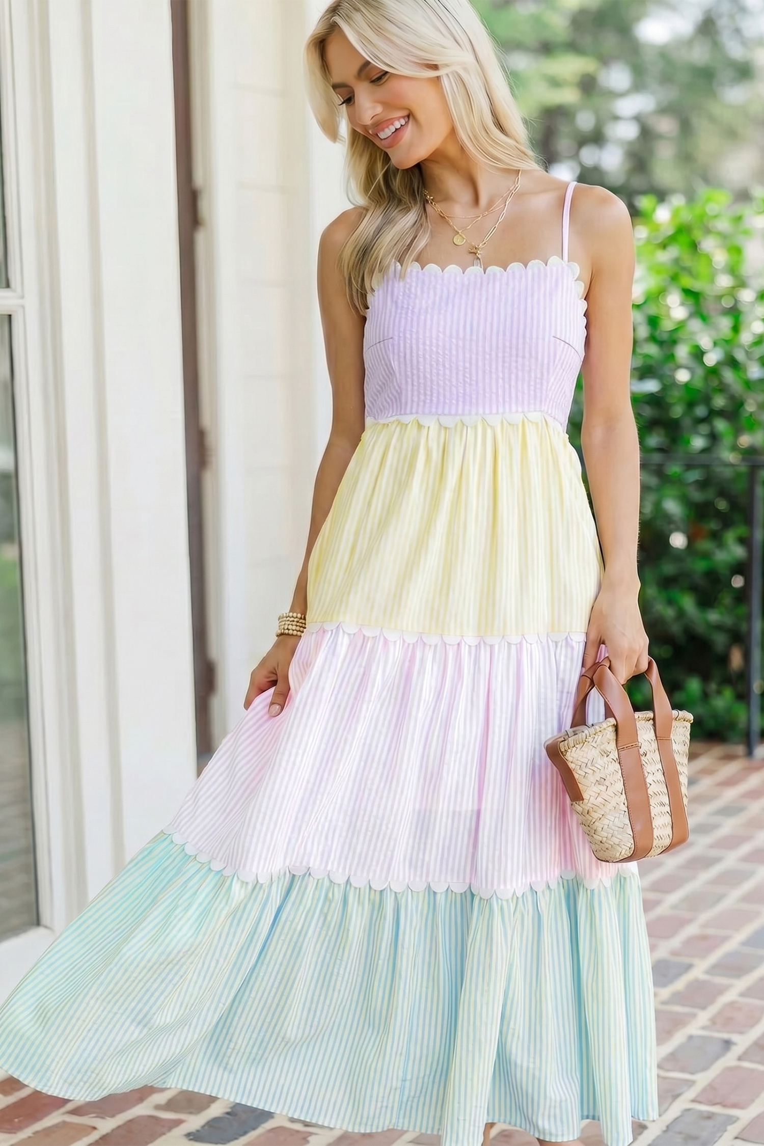 Sleeveless Colorblock A-Line Dress for Women – Casual Scalloped Striped Cotton Blend Dress - Detail View 6 Sleeveless Colorblock A-Line Dress for Women – Casual Scalloped Striped Cotton Blend Dress - Detail View 6
