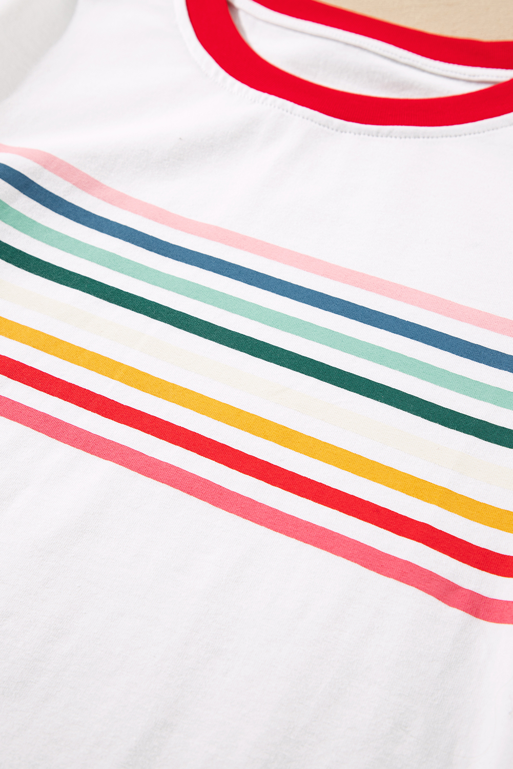 Chic Rainbow Striped Crewneck Tee with Contrast Neckline for Women - Detail View 10 Chic Rainbow Striped Crewneck Tee with Contrast Neckline for Women - Detail View 10