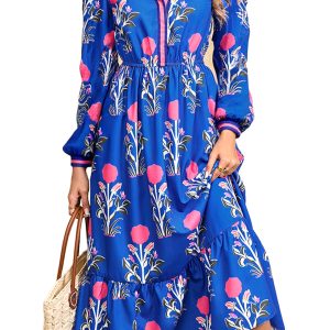 Women's Blue Floral Print Midi Dress with Striped Trim and Ruffle Hem - Main View