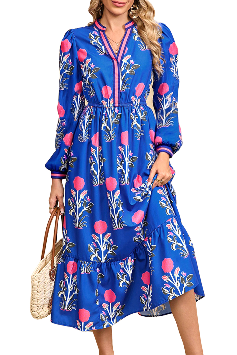 Women's Blue Floral Print Midi Dress with Striped Trim and Ruffle Hem - Main View Women's Blue Floral Print Midi Dress with Striped Trim and Ruffle Hem - Main View