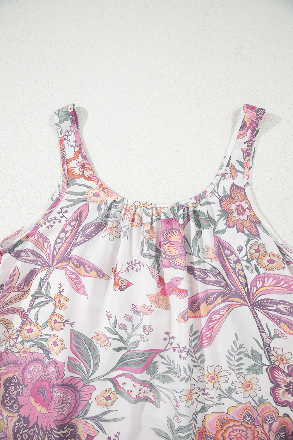Women's Multicolor Floral Print Fringed Tie U Neck Sleeveless Mini Dress - Detail View 9 Women's Multicolor Floral Print Fringed Tie U Neck Sleeveless Mini Dress - Detail View 9