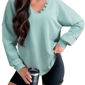 Women's Mist Blue Mineral Wash V Neck Pullover Top – Casual Long Sleeve with Exposed Seams for Everyday Style - Main View