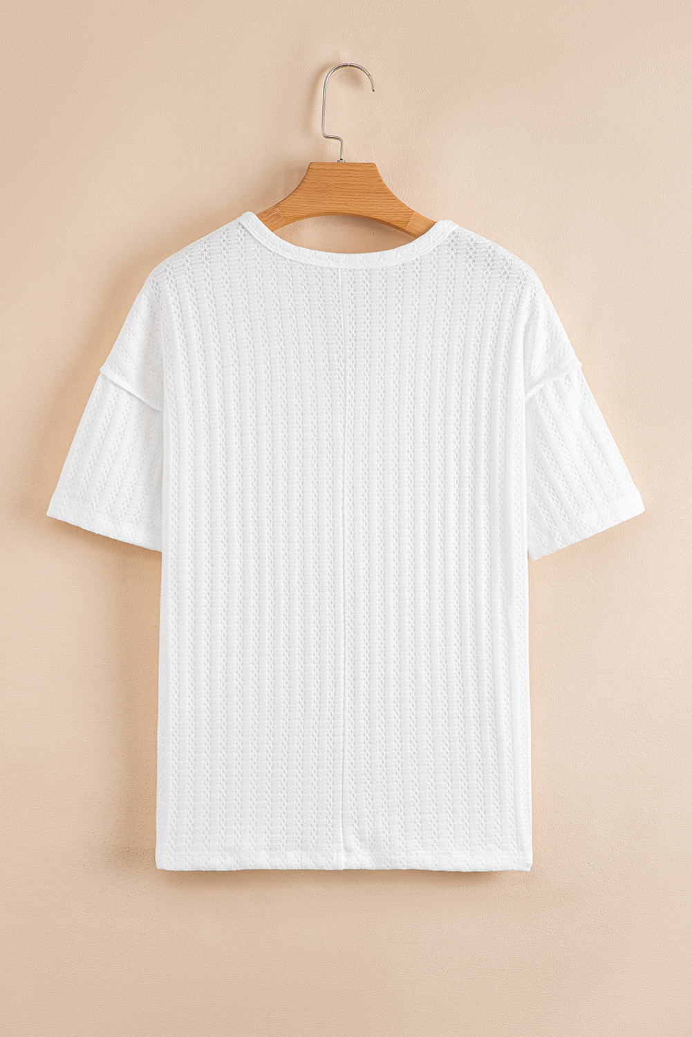 Women's Top, White Casual Shirt, Textured Fabric, Hollow Design, Grommet Placket, Split Neck, Short Sleeve, Versatile Style, Comfortable Fit, Daily Wear, Summer Fashion, Tops & Tees - Detail View 4 Women's Top, White Casual Shirt, Textured Fabric, Hollow Design, Grommet Placket, Split Neck, Short Sleeve, Versatile Style, Comfortable Fit, Daily Wear, Summer Fashion, Tops & Tees - Detail View 4