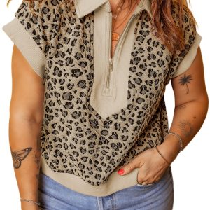 Women's Beige Leopard Print Top – Casual Short Sleeve Shirt with Zipper V-Neck - Main View
