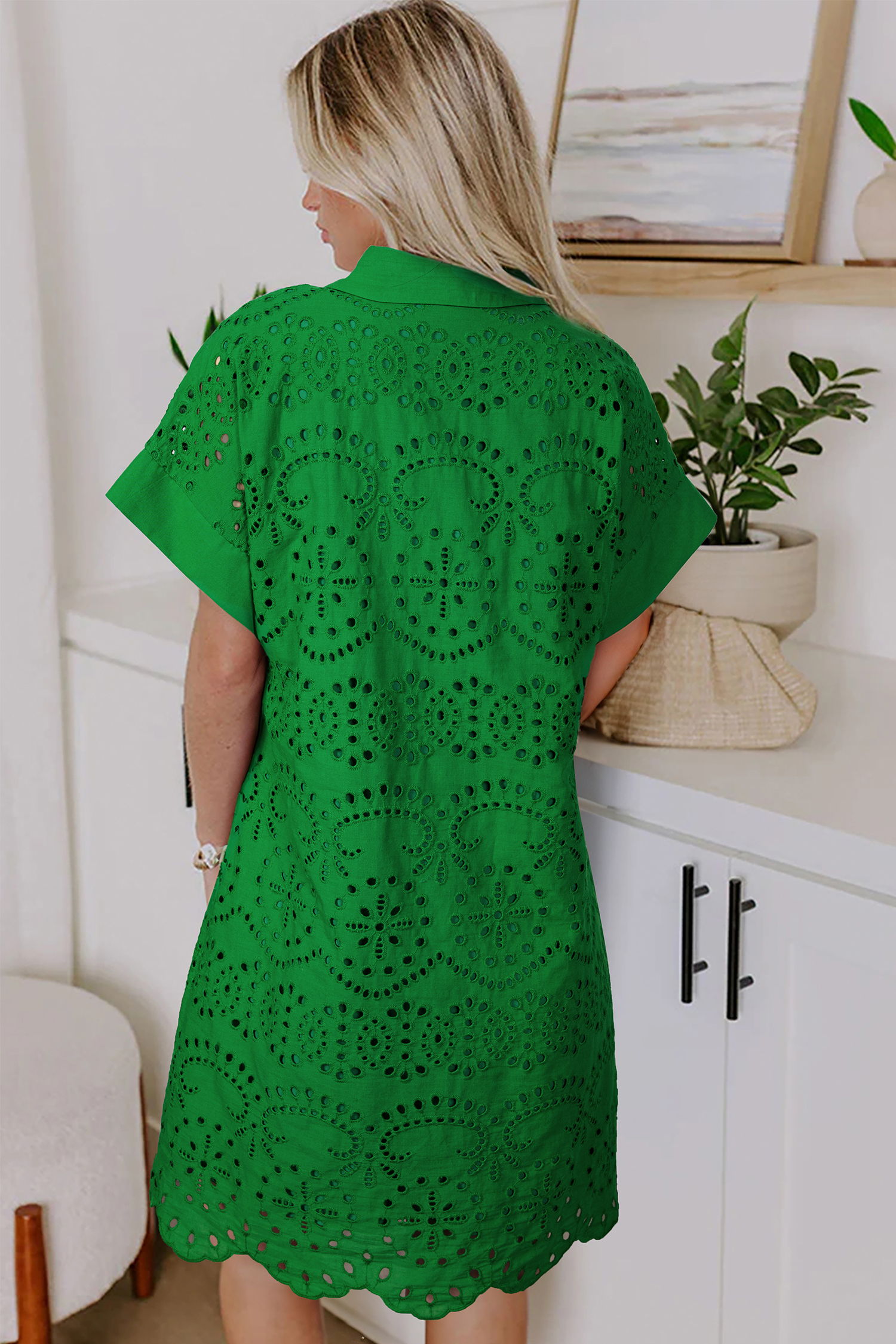 Chic Green Solid Mini Dress with Eyelet Embroidery – Ideal for Vacation and Daily Outings - Detail View 2 Chic Green Solid Mini Dress with Eyelet Embroidery – Ideal for Vacation and Daily Outings - Detail View 2