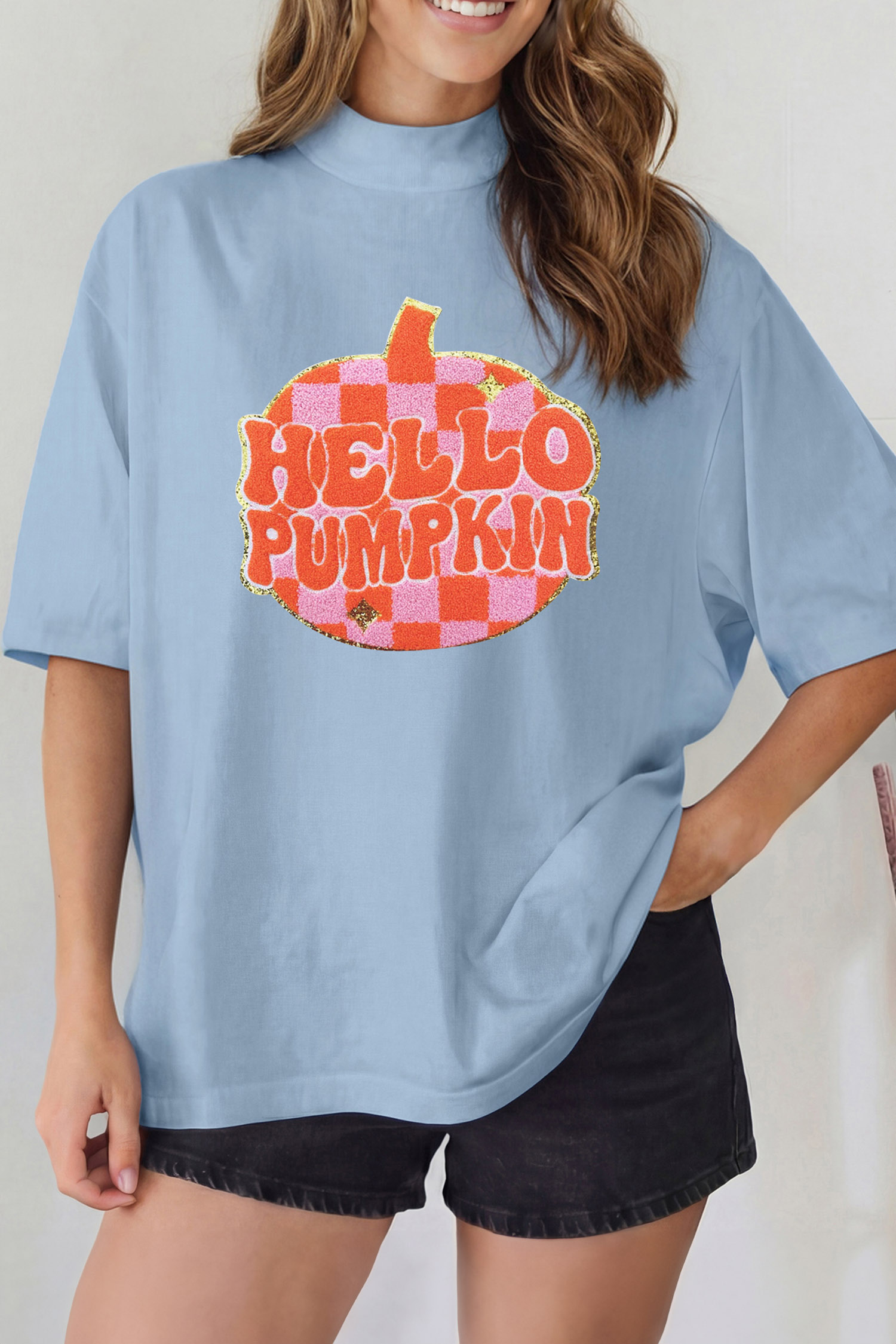 Women's Checkered Pumpkin Tee, Graphic High Neck Print - Detail View 5 Women's Checkered Pumpkin Tee, Graphic High Neck Print - Detail View 5