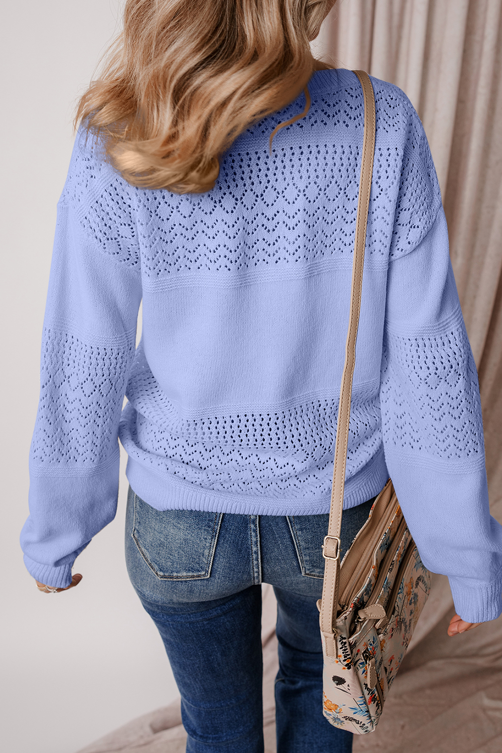 Stylish Long Sleeve Drop Shoulder Sweater - Perfect for Fall & Autumn in Sky Blue - Detail View 3 Stylish Long Sleeve Drop Shoulder Sweater - Perfect for Fall & Autumn in Sky Blue - Detail View 3