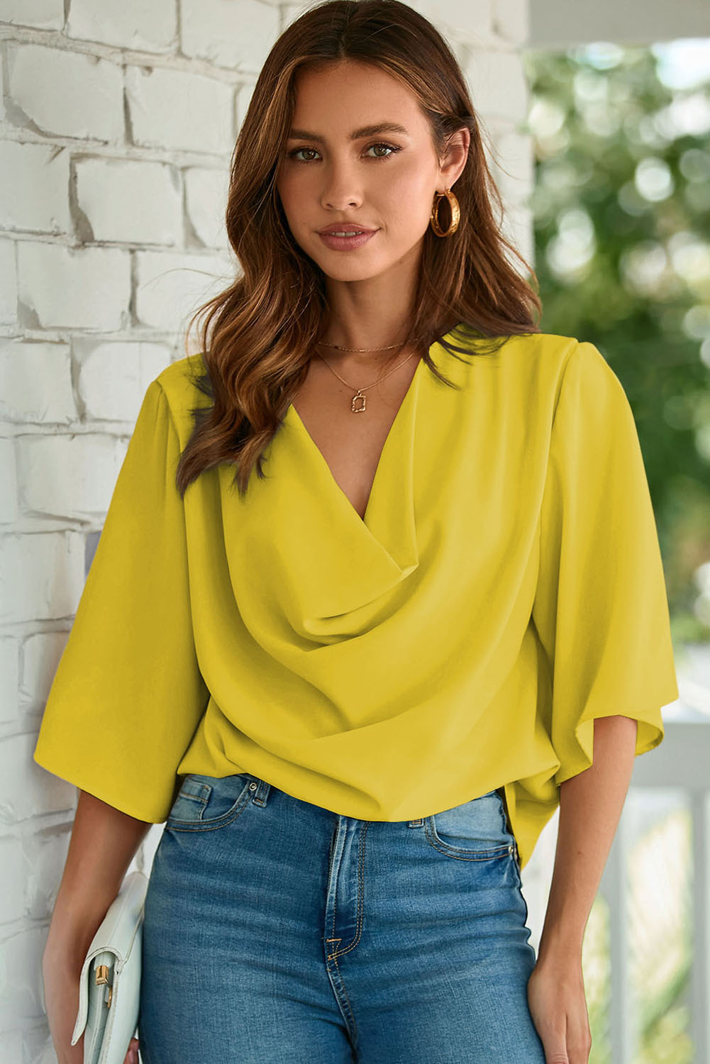 Casual V-Neck Draped Blouse for Women – Summer Half Sleeve - Detail View 2 Casual V-Neck Draped Blouse for Women – Summer Half Sleeve - Detail View 2