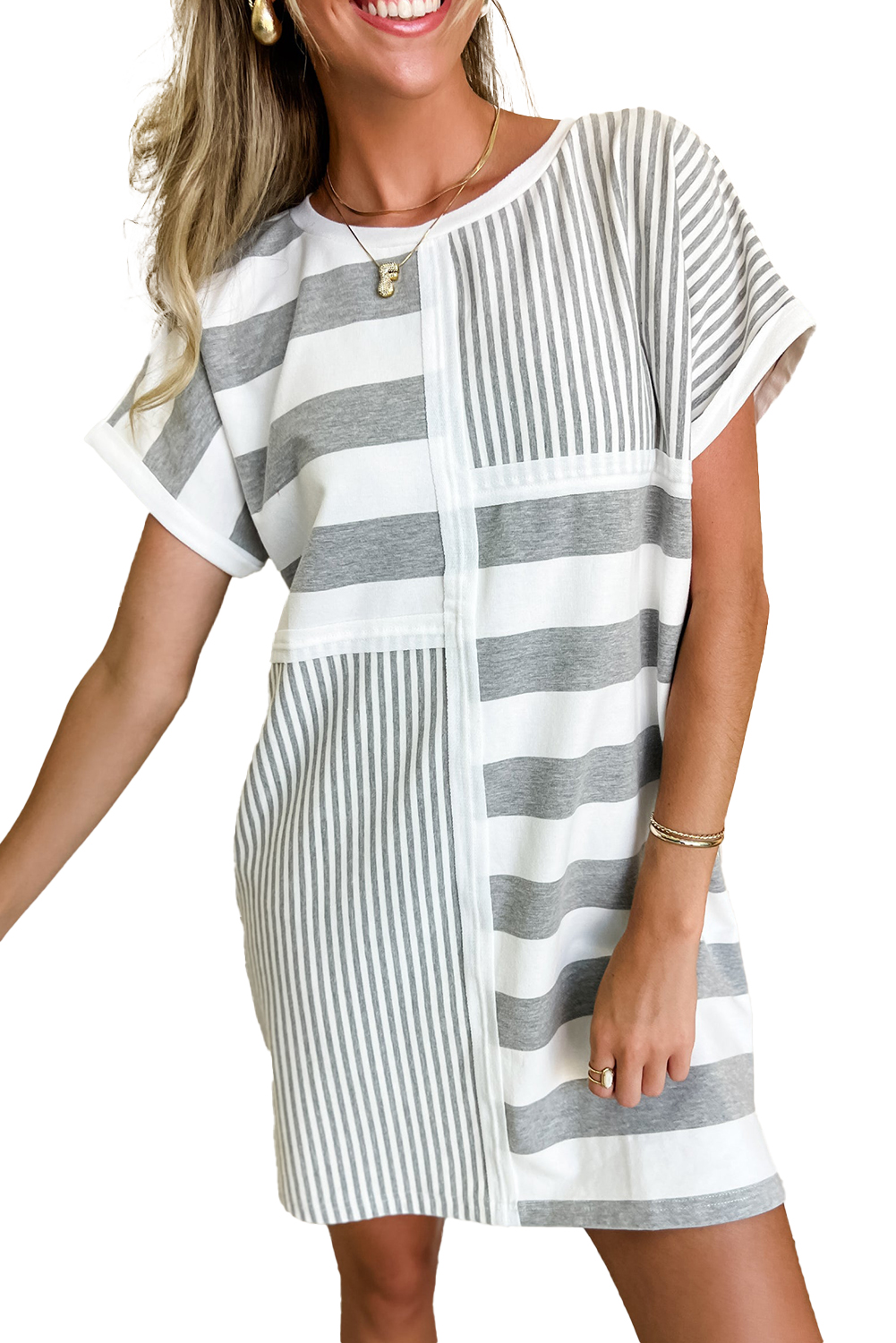 Comfortable Crew Neck T-Shirt Dress with Dynamic Stripe Pattern - Perfect for Daily Wear - Detail View 15 Comfortable Crew Neck T-Shirt Dress with Dynamic Stripe Pattern - Perfect for Daily Wear - Detail View 15