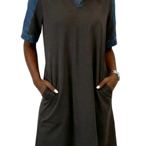 Women's Denim Patchwork Polo Collar Shift Dress, Grey - Main View