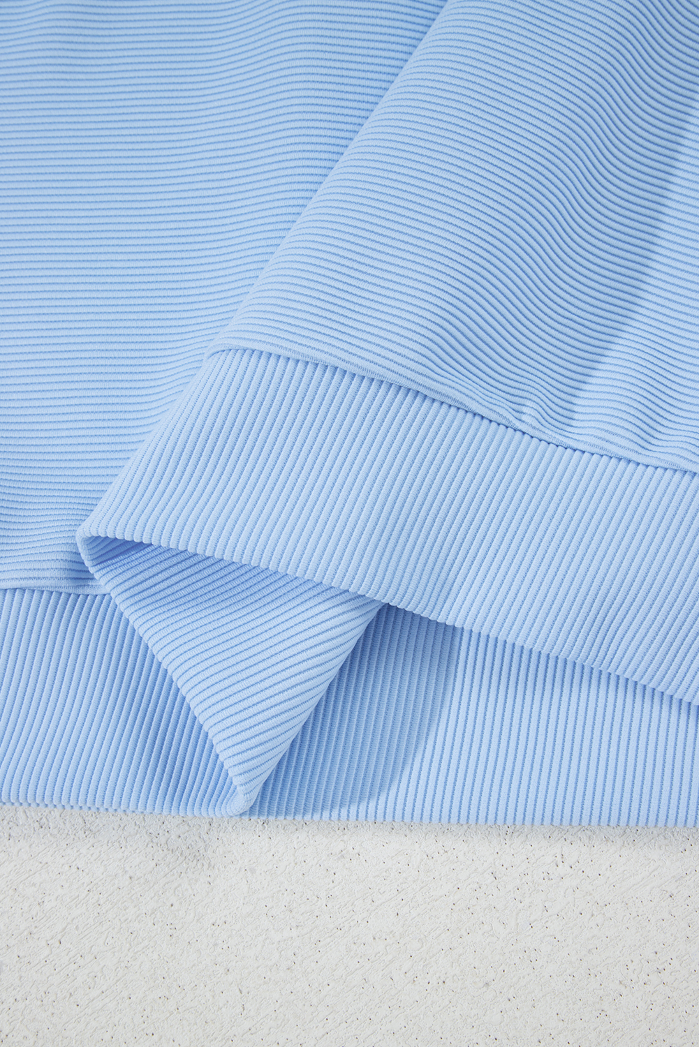 Women's Beau Blue Ribbed Texture Half Zip Ruffled Short Sleeve Top and Shorts Set - Detail View 17 Women's Beau Blue Ribbed Texture Half Zip Ruffled Short Sleeve Top and Shorts Set - Detail View 17