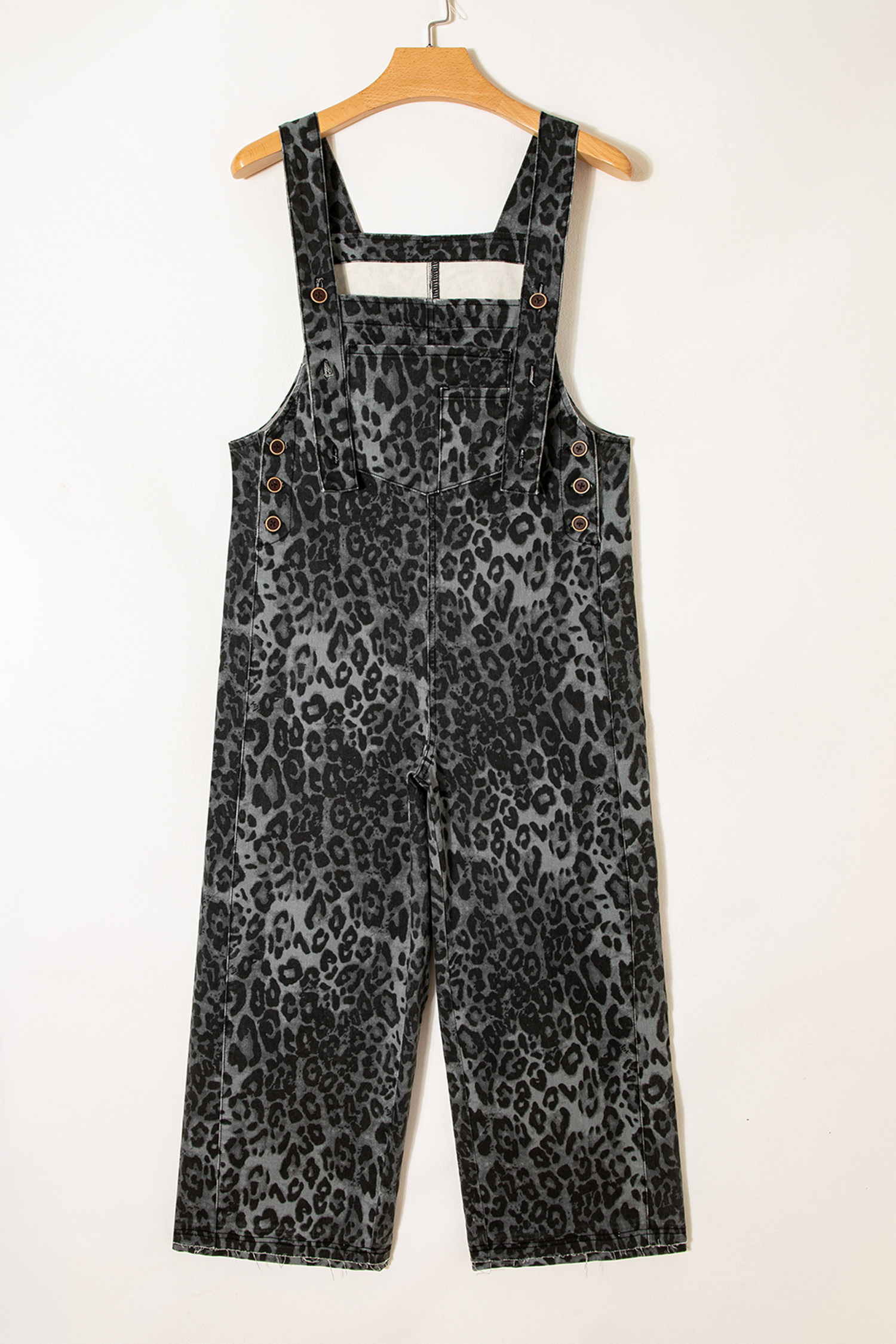 Women's Gray Leopard Print Cropped Denim Overalls – Adjustable Straps for Casual Style - Detail View 7 Women's Gray Leopard Print Cropped Denim Overalls – Adjustable Straps for Casual Style - Detail View 7