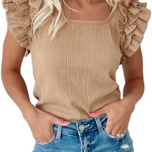Women's Smoke Gray Ruffled Tiered Sleeve Square Neck Textured Blouse - Main View