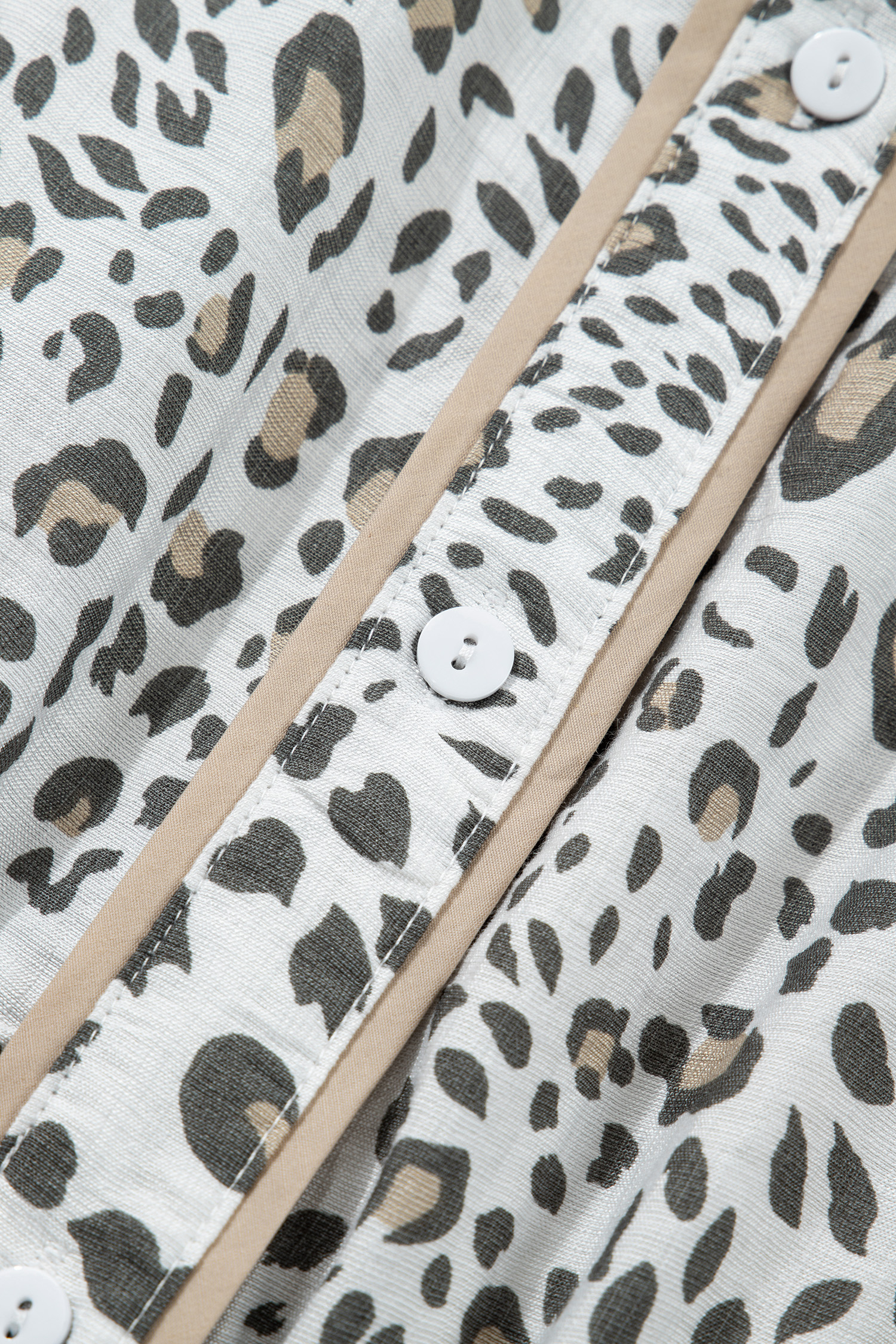 Chic White Leopard Print Summer Dress – High Waist Short Sleeve Midi with Button Details for Vacation Wear - Detail View 9 Chic White Leopard Print Summer Dress – High Waist Short Sleeve Midi with Button Details for Vacation Wear - Detail View 9