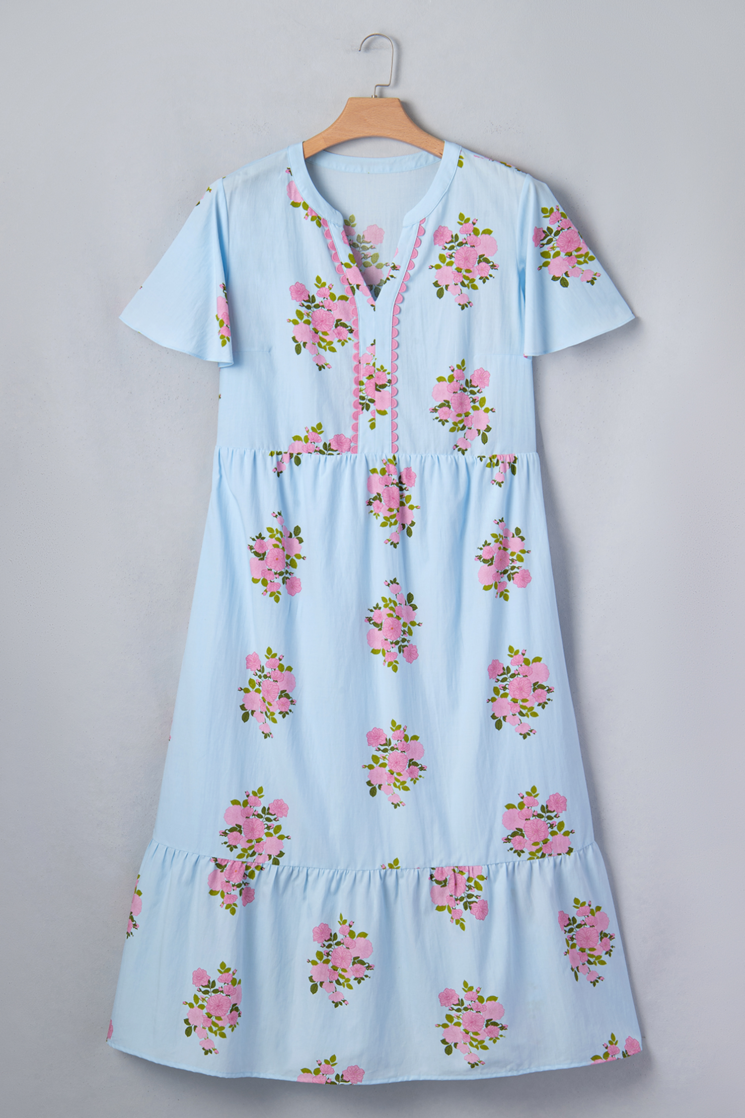 Women's Sky Blue Floral V-Neck Maxi Dress – Short Sleeve High Waist Casual Summer Long Dress - Detail View 7 Women's Sky Blue Floral V-Neck Maxi Dress – Short Sleeve High Waist Casual Summer Long Dress - Detail View 7