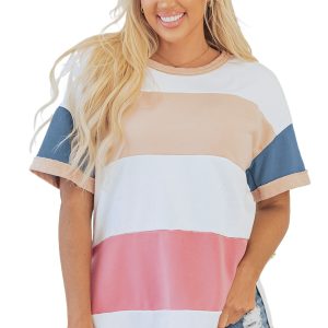 Stylish Women's Multicolor Colorblock Patchwork Side Split Tunic T-Shirt - Main View