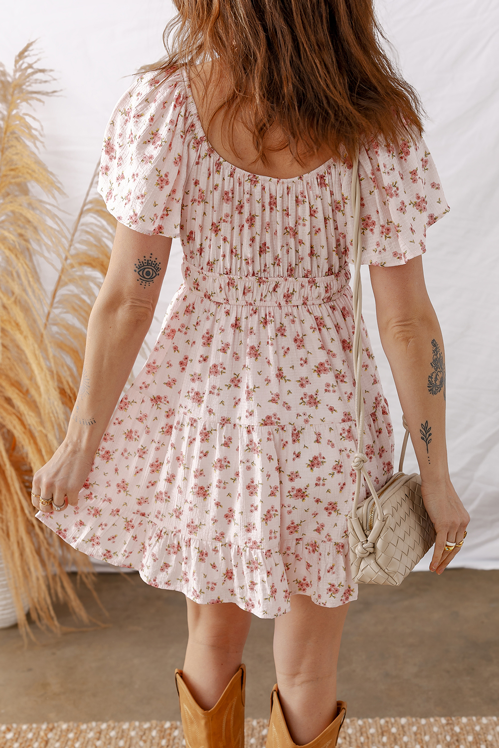 Bohemian Style Pink Front Tie Mini Dress – Ruffled Floral Design for Effortless Summer Style - Detail View 9 Bohemian Style Pink Front Tie Mini Dress – Ruffled Floral Design for Effortless Summer Style - Detail View 9