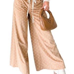 Women's Khaki Polka Dot Wide Leg Pants – Casual Drawstring Trousers for Daily Wear - Main View