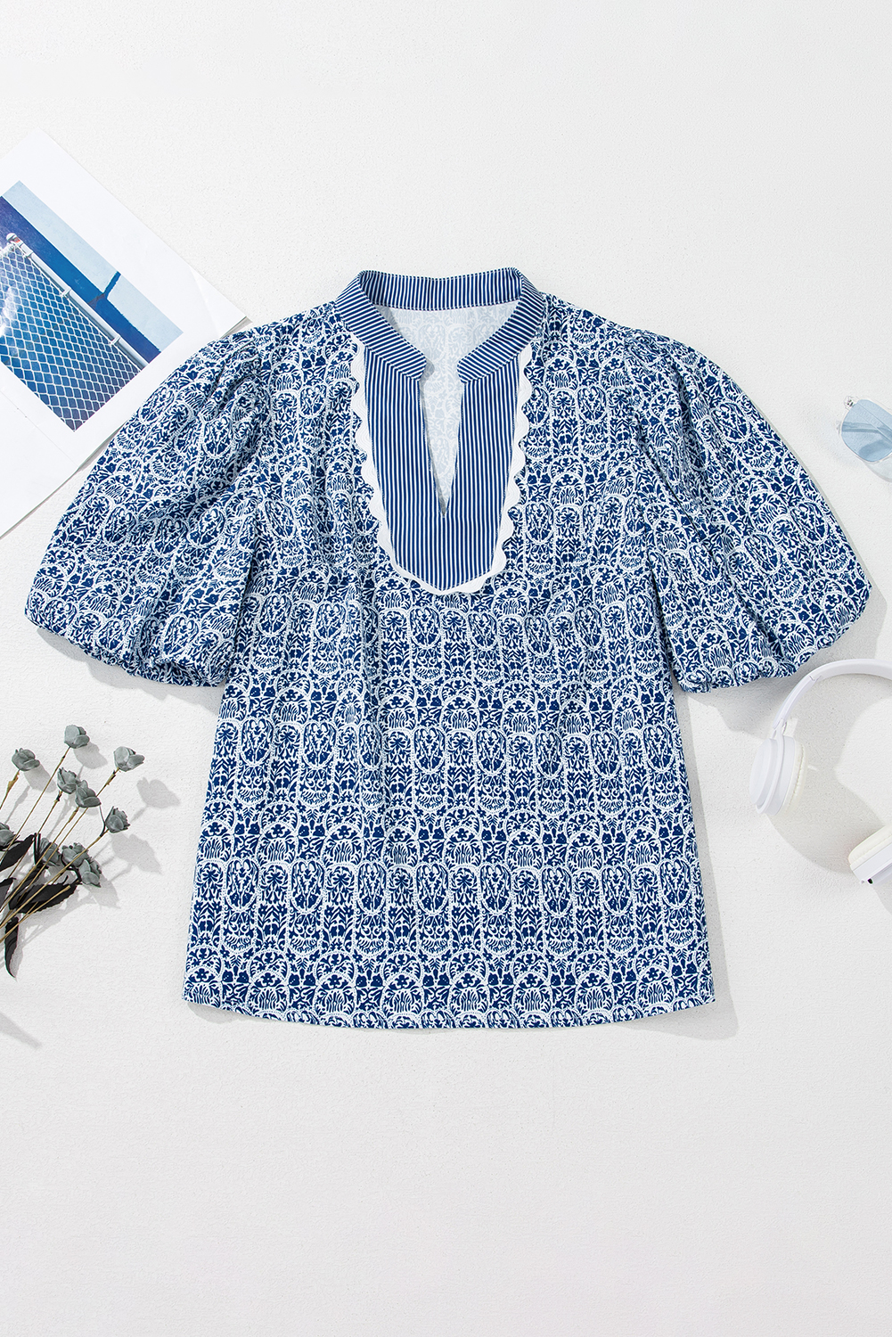 Charming Women's Puff Sleeve Top - Blue Floral and Striped Print with Ric-Rac Detail - Detail View 3 Charming Women's Puff Sleeve Top - Blue Floral and Striped Print with Ric-Rac Detail - Detail View 3