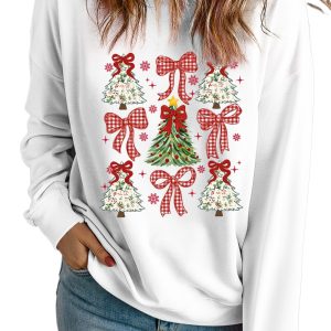 Women's White Bow-Printed Drop Shoulder Sweatshirt for Christmas - Main View