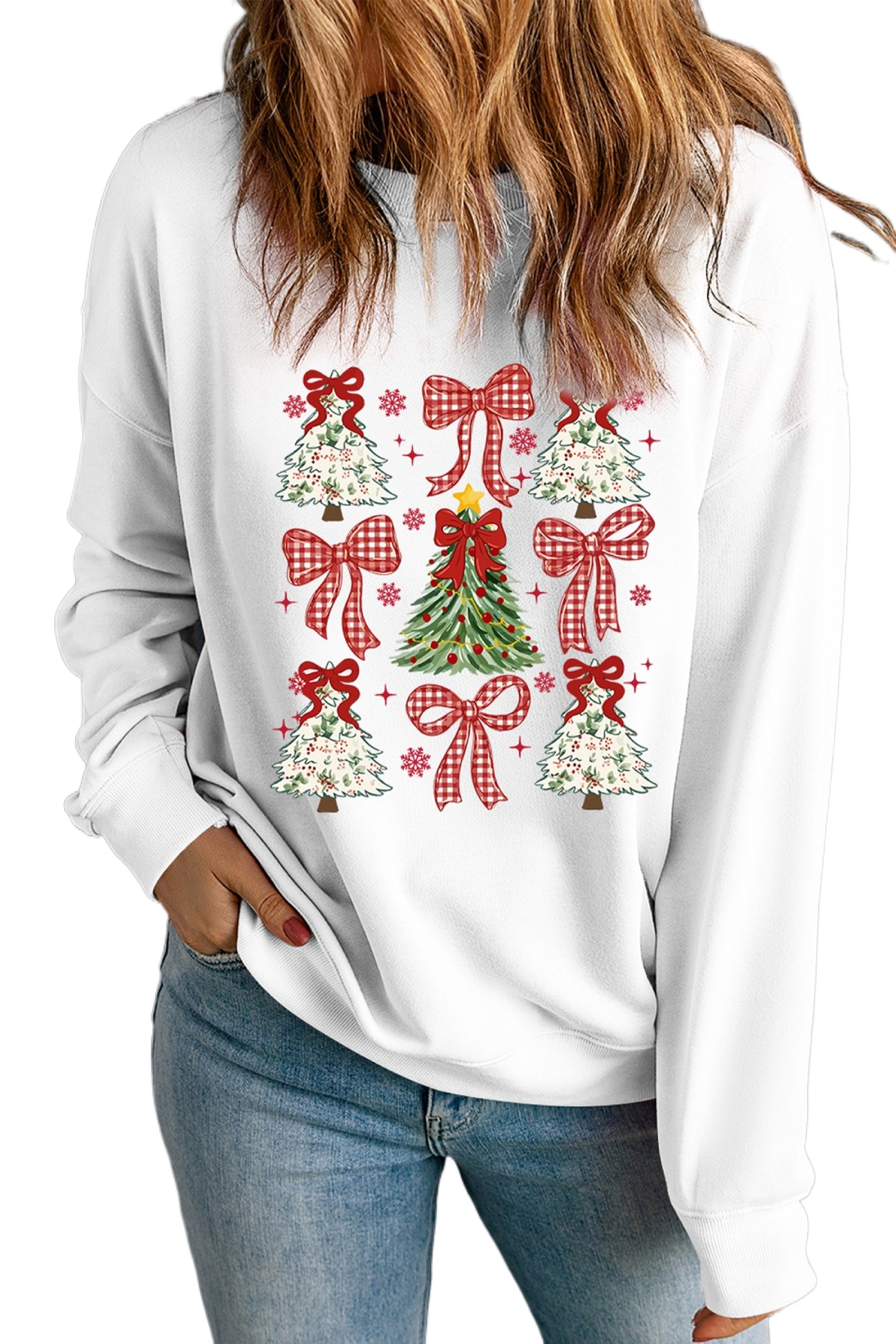 Women's White Bow-Printed Drop Shoulder Sweatshirt for Christmas - Main View Women's White Bow-Printed Drop Shoulder Sweatshirt for Christmas - Main View