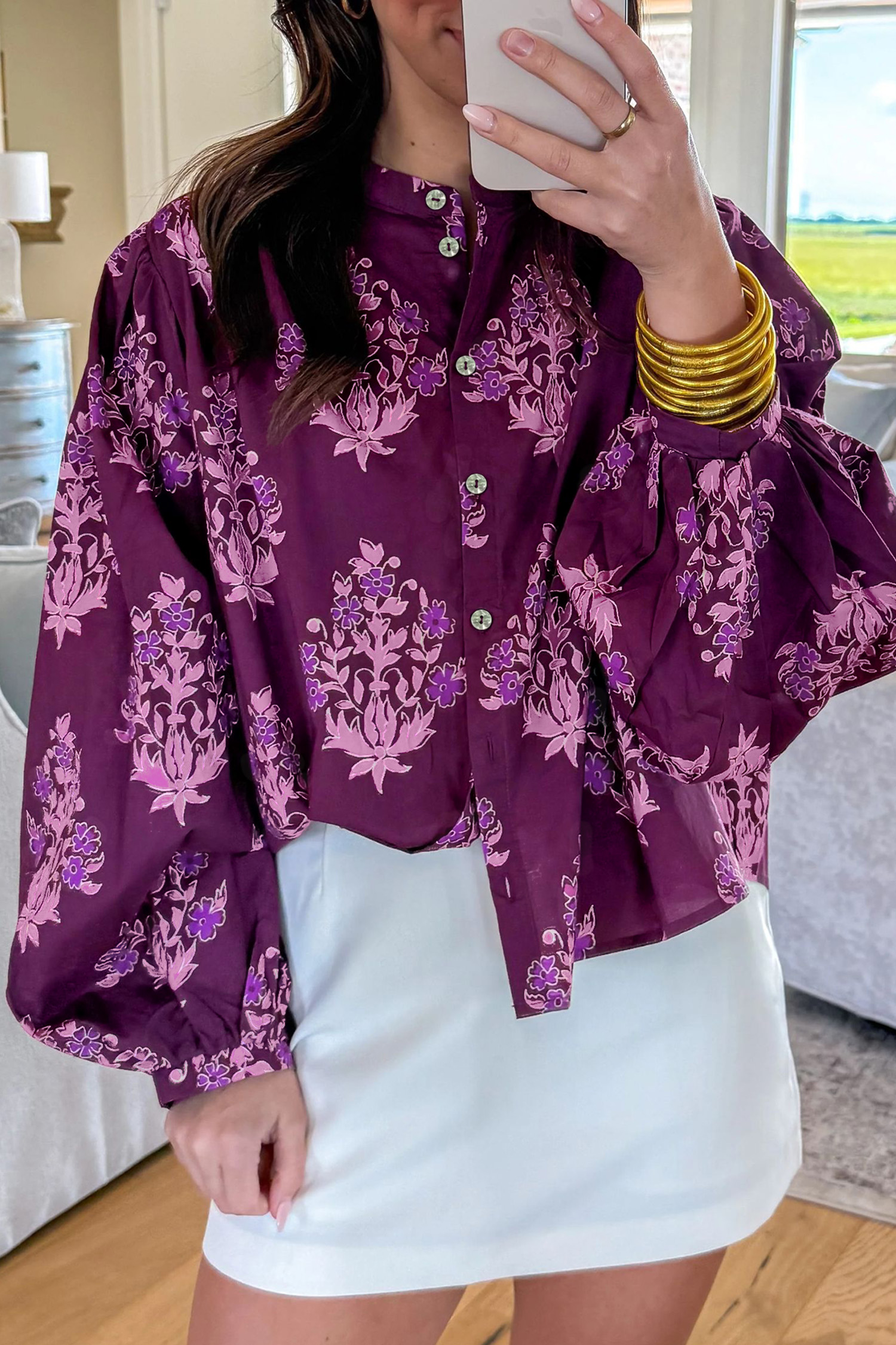 Southern Belle Floral Print Shirt – Long Puff Sleeve Top - Detail View 5 Southern Belle Floral Print Shirt – Long Puff Sleeve Top - Detail View 5