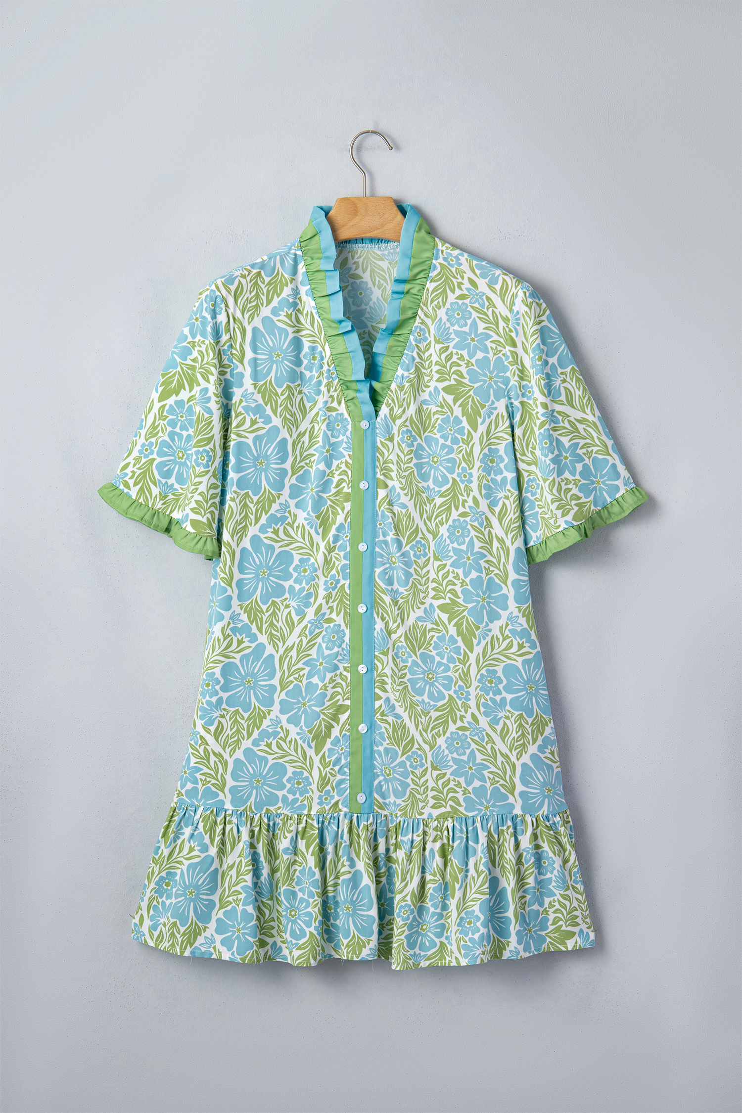 Sky Blue Floral Summer Dress for Women - Frilled Trim V-Neck Vacation Shift Dress - Detail View 5 Sky Blue Floral Summer Dress for Women - Frilled Trim V-Neck Vacation Shift Dress - Detail View 5