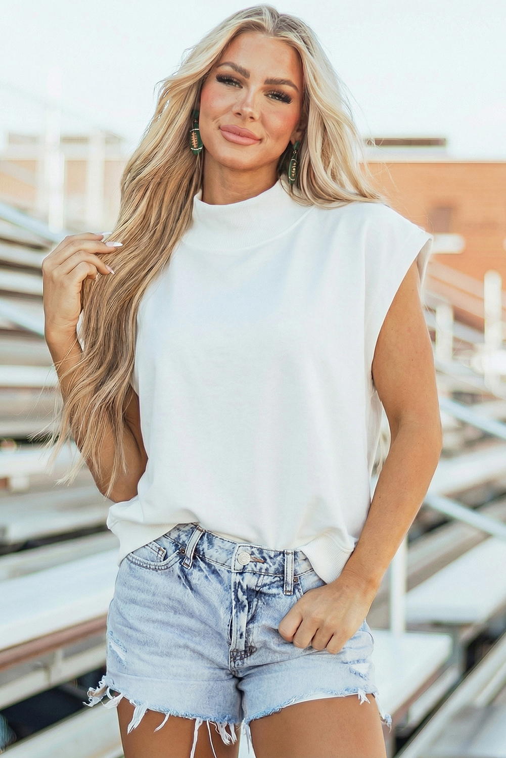 Women's Comfortable White Mock Neck Top – Cap Sleeve, Loose Fit Polyester Cotton Blend, Ideal for Daily Summer Style - Detail View 12 Women's Comfortable White Mock Neck Top – Cap Sleeve, Loose Fit Polyester Cotton Blend, Ideal for Daily Summer Style - Detail View 12