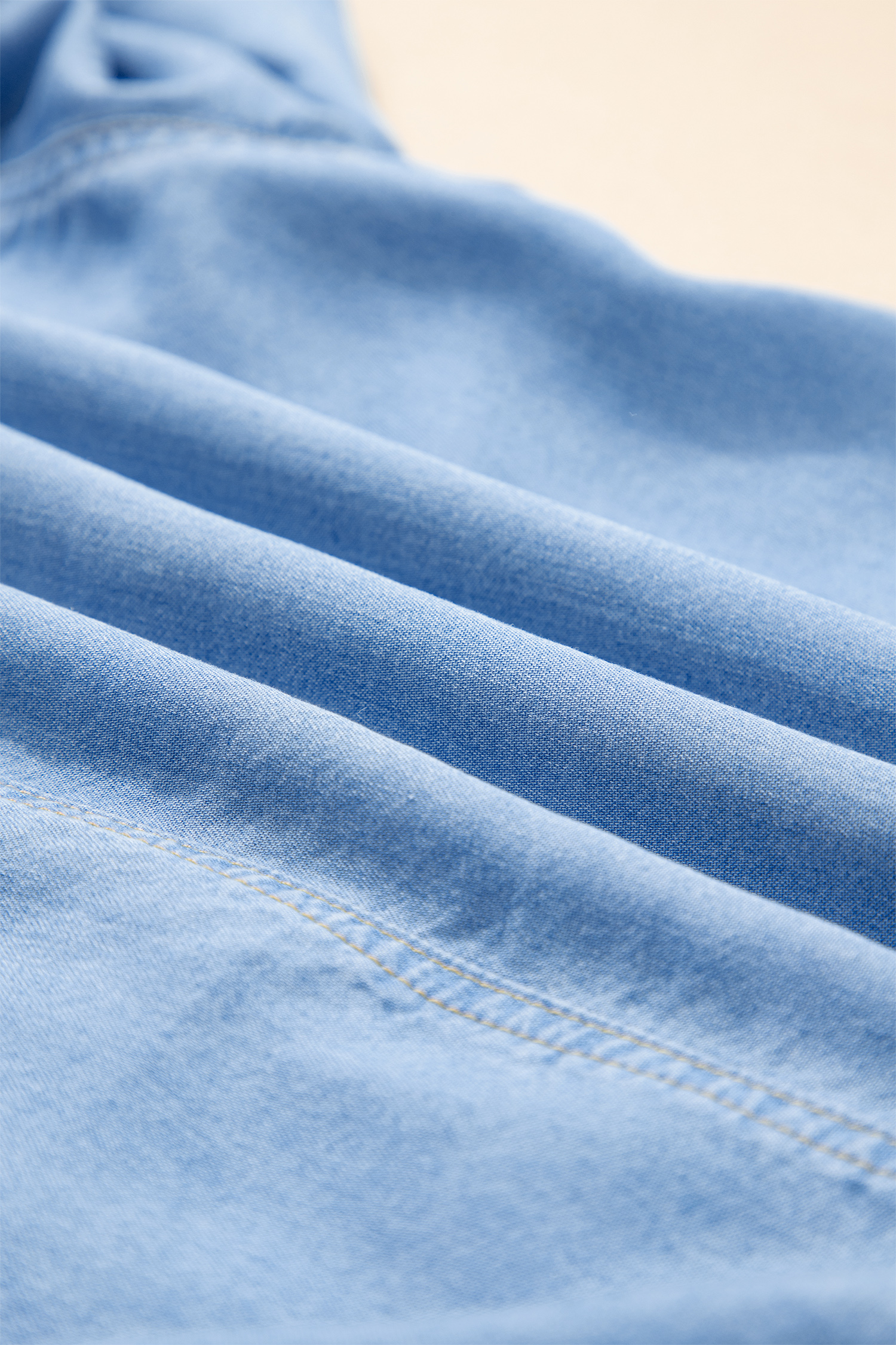 Women's Beau Blue Half Sleeve Chambray Shirt – Casual Ruffled High Low Design for Daily Wear - Detail View 13 Women's Beau Blue Half Sleeve Chambray Shirt – Casual Ruffled High Low Design for Daily Wear - Detail View 13