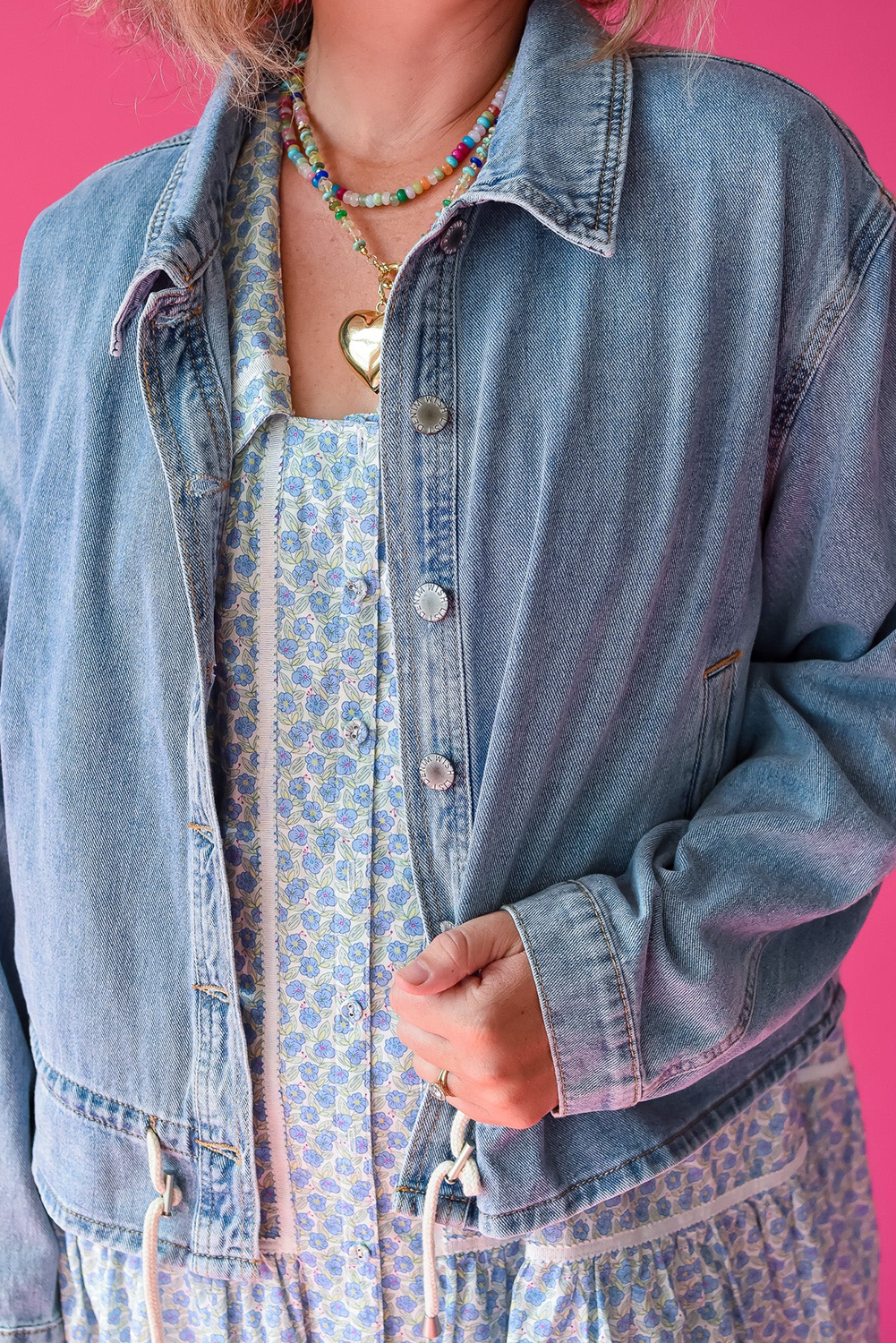 Chic Light Wash Denim Jacket for Women – Beau Blue Draw-Cord Hem Casual Layering Piece - Detail View 8 Chic Light Wash Denim Jacket for Women – Beau Blue Draw-Cord Hem Casual Layering Piece - Detail View 8