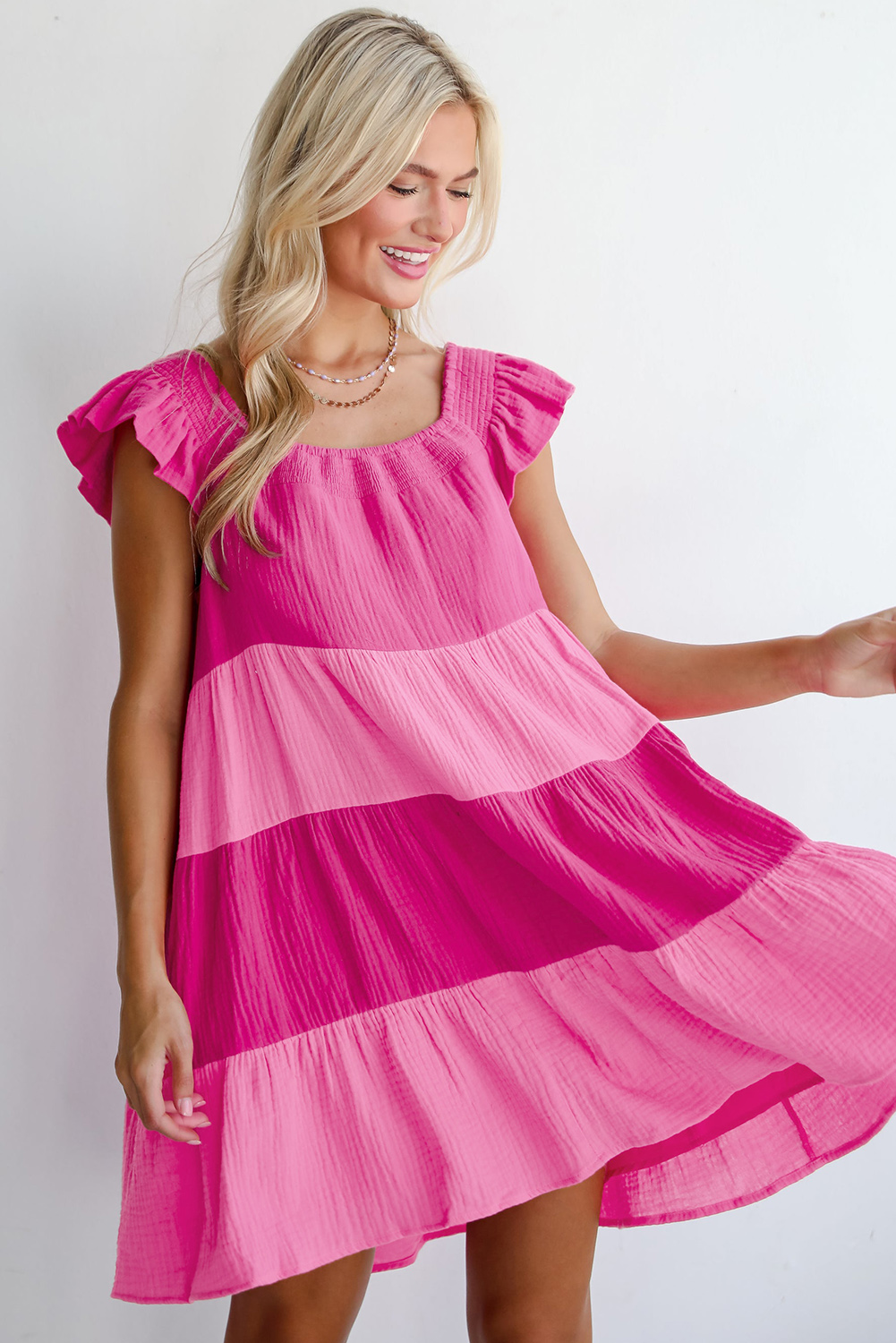 Flattering Short A-Line Dress with Smocked Square Neck and Flutter Details - Detail View 6 Flattering Short A-Line Dress with Smocked Square Neck and Flutter Details - Detail View 6