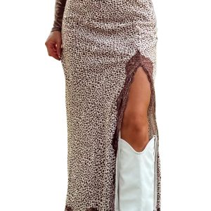 Women's Leopard Print Maxi Skirt, Western Style Satin Split - Main View