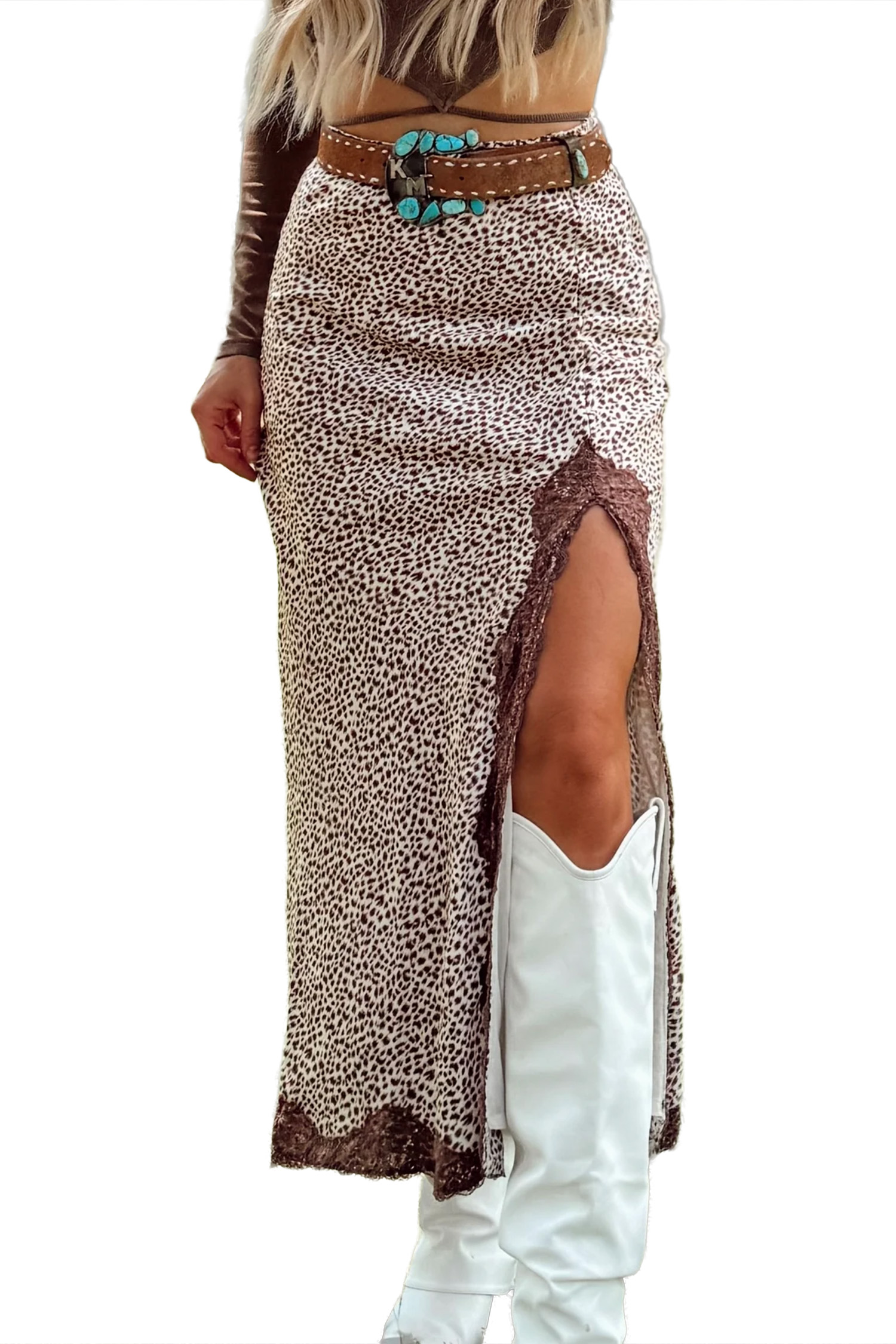 Women's Leopard Print Maxi Skirt, Western Style Satin Split - Main View Women's Leopard Print Maxi Skirt, Western Style Satin Split - Main View