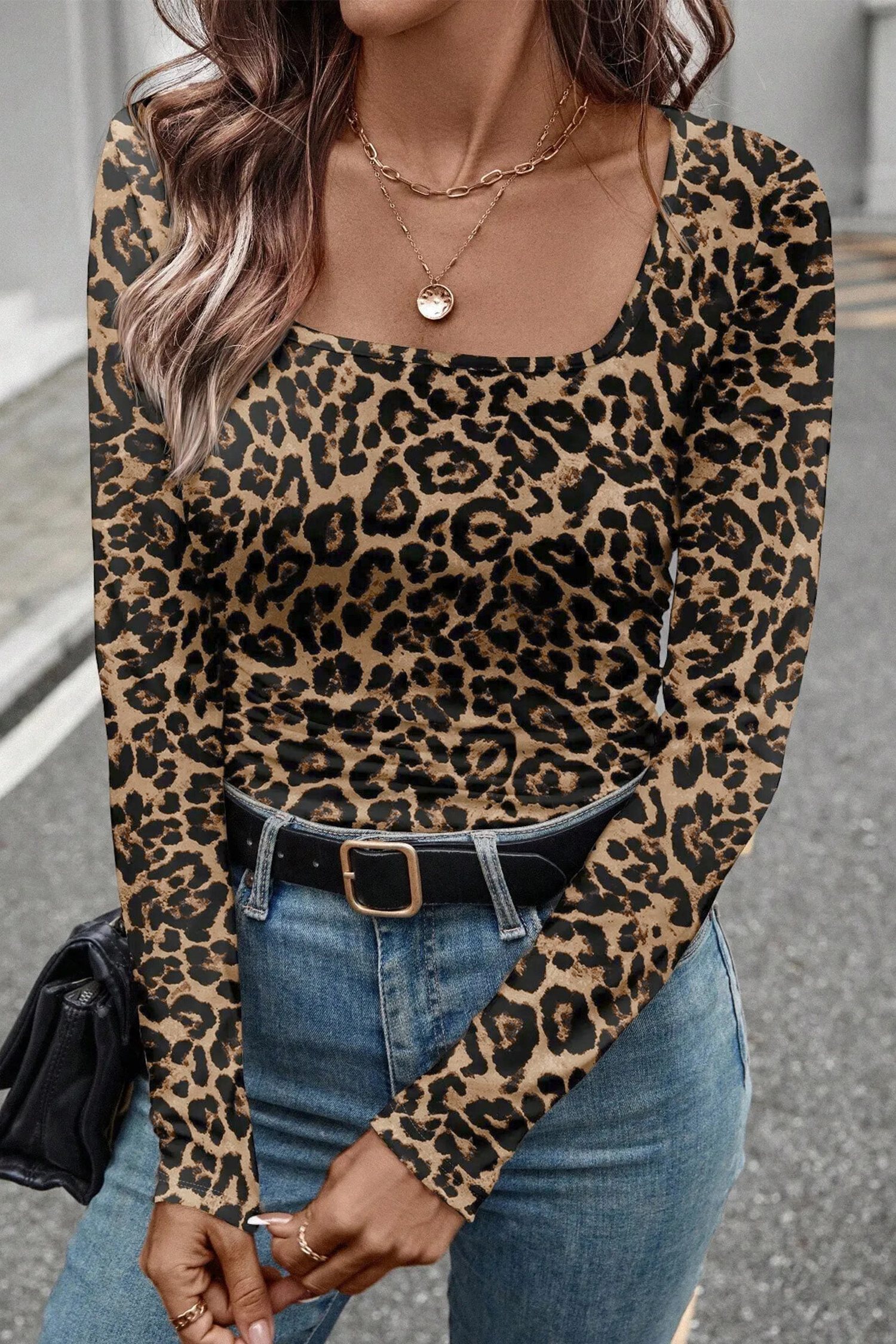 Stylish Brown Leopard Print Slim Fit Long Sleeve Top – Perfect for Spring Outings - Detail View 3 Stylish Brown Leopard Print Slim Fit Long Sleeve Top – Perfect for Spring Outings - Detail View 3