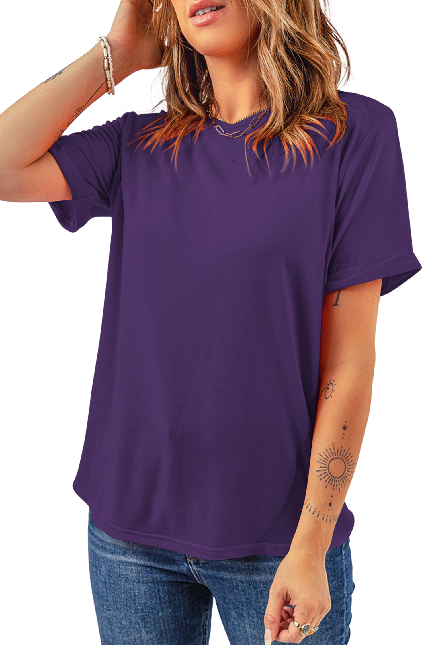 Tillandsia Purple Solid Color T-Shirt for Women – Short Sleeve Round Neck Top, Summer Casual Style - Detail View 8 Tillandsia Purple Solid Color T-Shirt for Women – Short Sleeve Round Neck Top, Summer Casual Style - Detail View 8