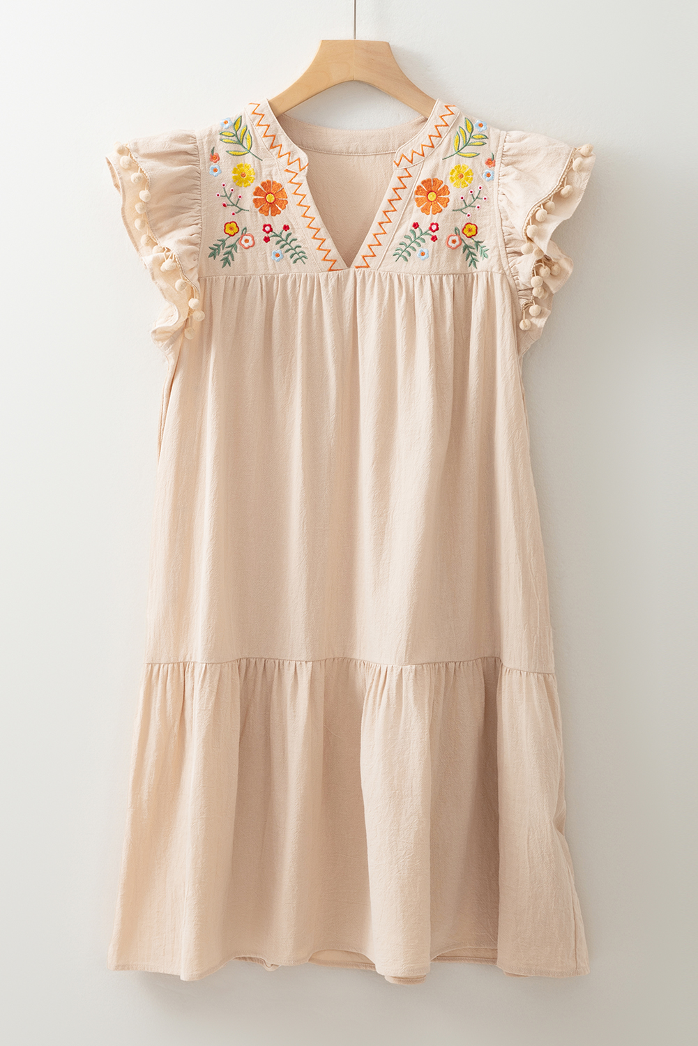 Women's Dress, Jet Stream, Linen, Embroidery, Split Neck, Pom Pom Detail, Ruffle Sleeves, Floral Print, V Neck, Short Dress, Casual, Vacation Wear, Beach Dress, Chic Style, Elegant Design, Cotton Dress, Southern Belle - Detail View 8 Women's Dress, Jet Stream, Linen, Embroidery, Split Neck, Pom Pom Detail, Ruffle Sleeves, Floral Print, V Neck, Short Dress, Casual, Vacation Wear, Beach Dress, Chic Style, Elegant Design, Cotton Dress, Southern Belle - Detail View 8