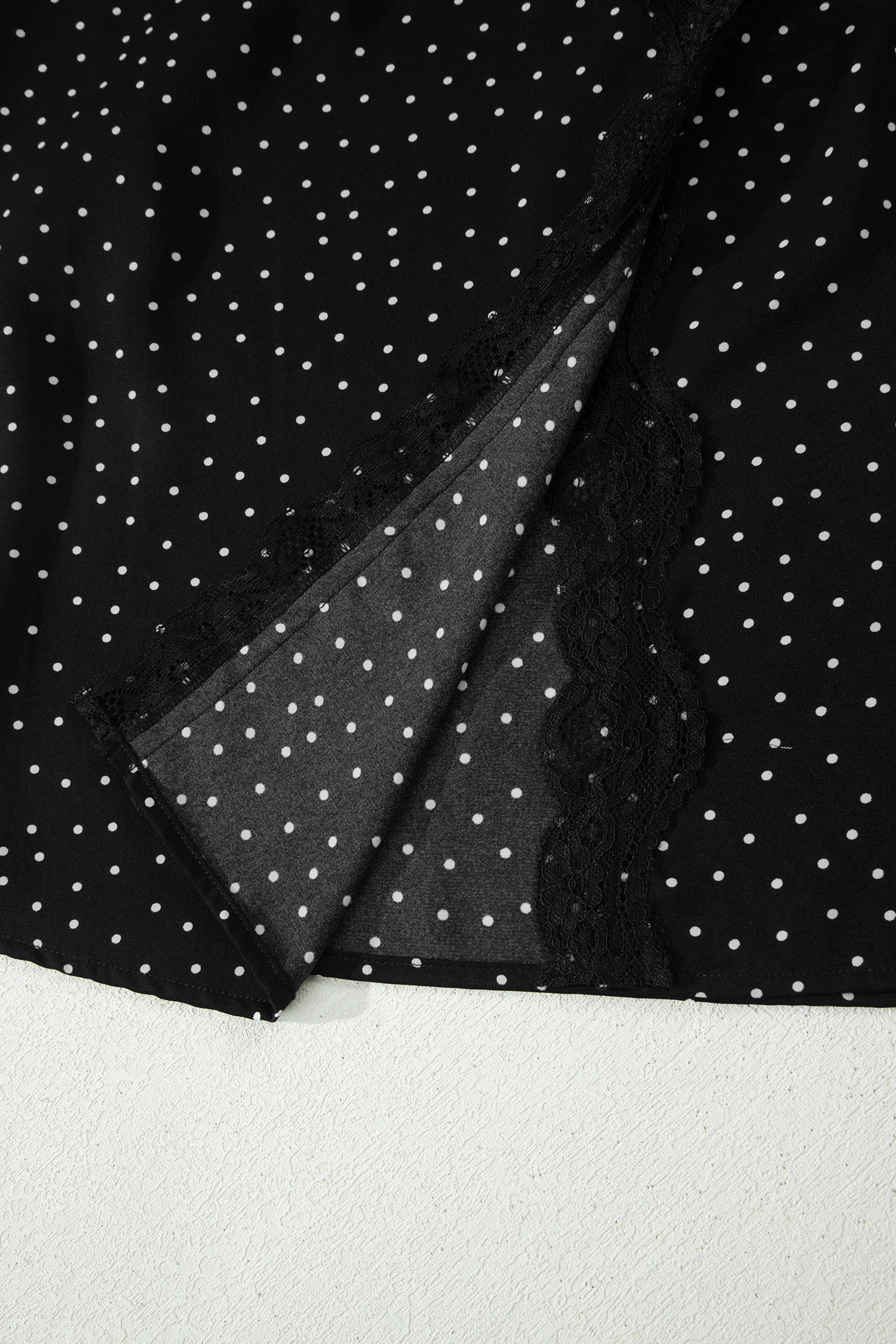 Women's Black Polka Dot Mini Dress – Short Sleeve Lace Trim Wrap Dress for Casual Summer Wear - Detail View 13 Women's Black Polka Dot Mini Dress – Short Sleeve Lace Trim Wrap Dress for Casual Summer Wear - Detail View 13