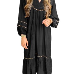 Women's Black Contrast Leopard Trim Midi Dress – Stylish Long Sleeve Casual Outfit for Daily Wear - Main View