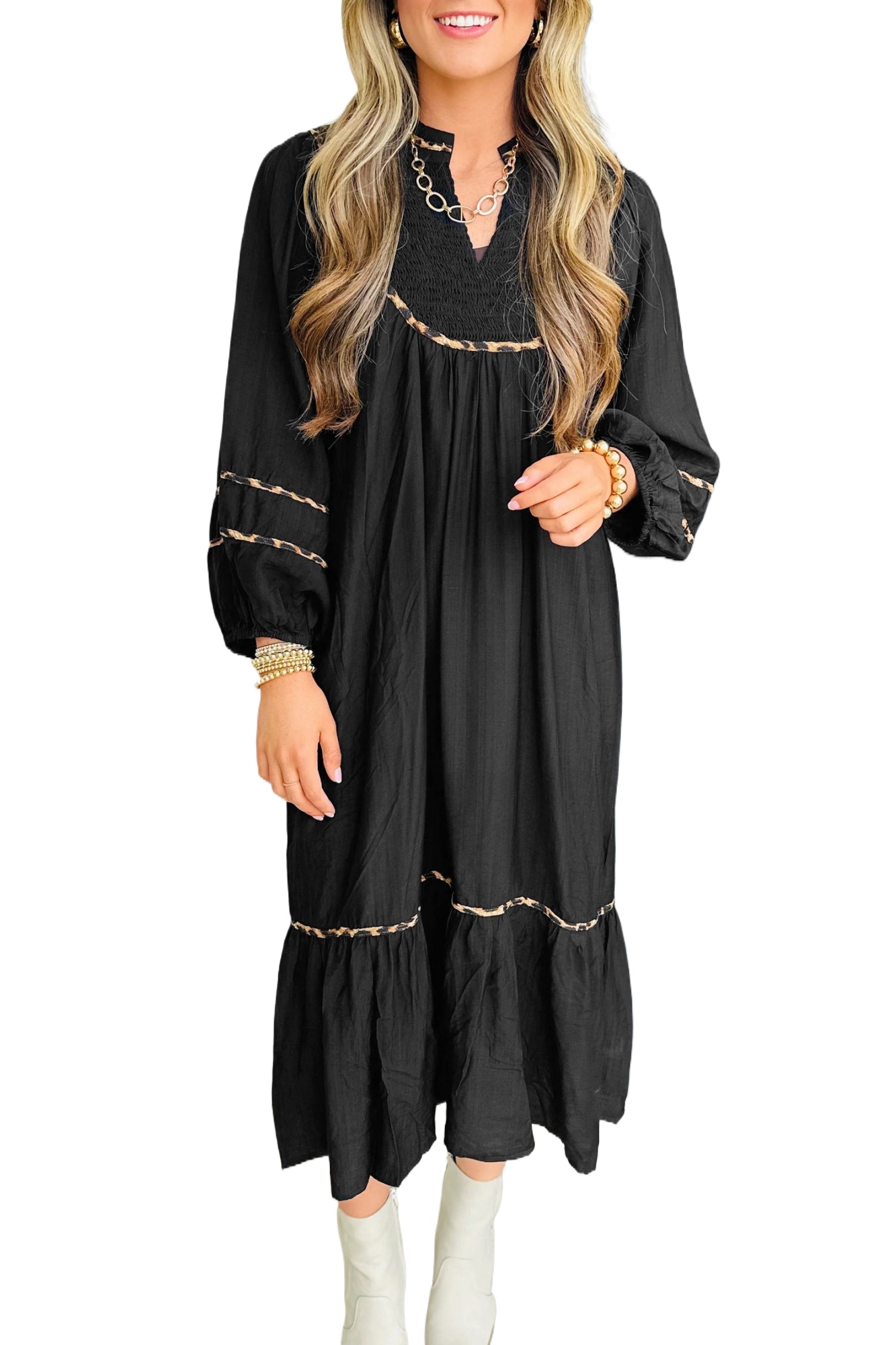 Women's Black Contrast Leopard Trim Midi Dress – Stylish Long Sleeve Casual Outfit for Daily Wear - Main View Women's Black Contrast Leopard Trim Midi Dress – Stylish Long Sleeve Casual Outfit for Daily Wear - Main View