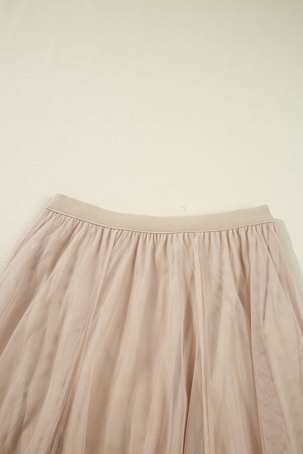 Women's Solid Apricot Mesh Overlay Skirt – High Waisted Flared Summer Midi Skirt for Vacation - Detail View 8 Women's Solid Apricot Mesh Overlay Skirt – High Waisted Flared Summer Midi Skirt for Vacation - Detail View 8